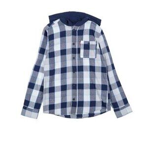 NWT Levis Shirt Boys Large Blue Plaid Hooded‎ Button Up Long Sleeve Size L